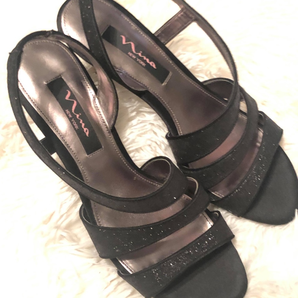 Nina Black Strappy Dress Heels with Gold Flecks